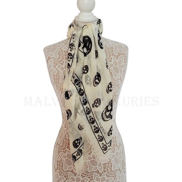 ALEXANDER MCQUEEN SCARF ICONIC SKULL PRINT IVORY MODAL SILK FRINGE UNISEX - Picture 5 of 13